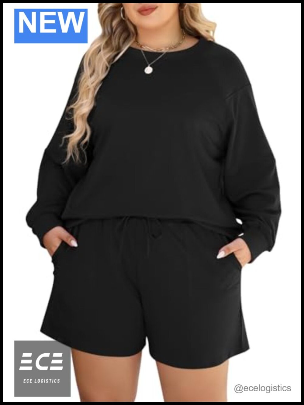 Plus Size Ribbed Knit 2 Piece Lounge Set Long Sleeve Top Drawstring Shorts